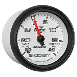 Gauge, Phantom II, Boost/Vacuum, 30 in. Hg/20 psi, 2 5/8 in. Diameter, Analog, Mechanical, Each
