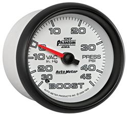 Gauge, Phantom II, Boost/Vacuum, 30 in. Hg/45 psi, 2 5/8 in., Analog, Mechanical, Each
