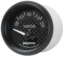 Gauge, GT Series, Water Temperature, 100-250 degrees F, 2 1/16 in., Carbon Fiber Face, Analog, Electrical
