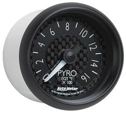 Gauge, GT Series, EGT/Pyrometer, 0-1,600 degrees F, 2 1/16 in., Carbon Fiber Face, Analog, Electrical, Each