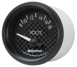 Gauge, GT Series, Voltmeter, 8-18 V, 2 1/16 in., Carbon Fiber Face, Analog, Electrical, Each
