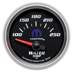 Gauge, Mopar Series, Water Temperature, 100-250 degrees F, 2 1/16 in., Black Face, Analog, Electrical, Each