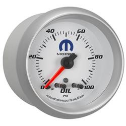 Gauge, Mopar Series, Oil Pressure, 0-100 psi, 2 5/8 in. Diameter, White Face, Analog, Electrical, Each