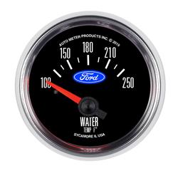 Gauges, Ford Analog Gauges, Water Temperature, 100-250 degrees F, 2 1/16 in., Black Face, White Numbers, Chrome Bezel, Electrical, Each