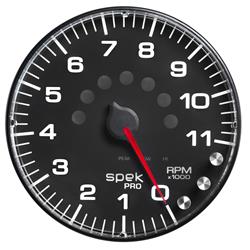 Tachometer, Spek-Pro, Analog, 0-11,000 rpm, Electrical, 5 in. Diameter, Black Face, Clear, Anti-Glare, Multi-Color Numbers, Each