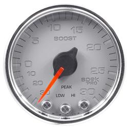 Gauges, Spek-Pro, Boost/Vacuum, 30 in. Hg/30 psi., 2 1/16 in. Diameter, Silver Face, Multicolor Numbers, Chrome Bezel, Analog, Electrical, Each