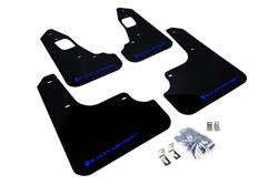 Mud Flaps, UR, Front/Rear, Polyurethane, Black, Blue Logo, Mitsubishi, Set of 4