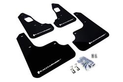 Mud Flaps, UR, Front/Rear, Polyurethane, Black, White Logo, Mitsubishi, Set of 4