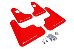 Mud Flaps, UR, Front/Rear, Polyurethane, Red, White Logo, Mitsubishi, Set of 4