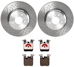 Brake Rotor and Pad Combos, Rear, Cross-drilled and Slotted Surface Rotors, UV-coated, Ceramic Pads, BMW, Kit