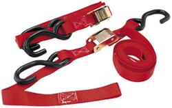 Tie-Down Straps, Integrated, 1,200 lbs. Rating, 1 in. Width, 74 in. Length, Red, Cambuckle, S-hook, Pair