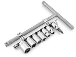 T-Handle Socket Set, 3/8 in. Drive, Vanadium Steel, Chrome, Short Well, 7.5 in. Handle, Set of 7