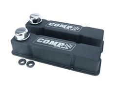 Valve Covers, Tall, Perimeter Bolt Mounting Style, Cast Aluminum, Black, Comp Logo, Chevy, Small Block, Pair