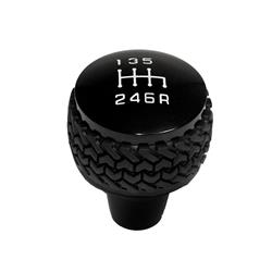 Transmission Shift Knob, Tire-tread Style, Billet Aluminum, Black Anodized, Manual 6-speed Logo, Jeep, Each