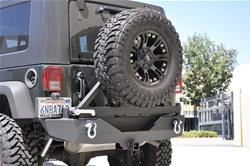 Bumper, Mid Width Rear with Swing Away Tire Carrier, Fabricated, Includes Class III Hitch and D-Rings, Hardware, Steel, Black, Jeep, JK, Each