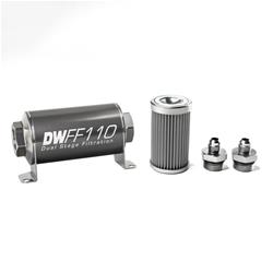 Fuel Filter, Inline Mount, Billet Aluminum, 100 Microns, -10 AN Female O-Ring Inlet/Outlet, 110mm Length, with Fittings, Each