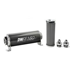 Fuel Filter, Inline Mount, Billet Aluminum, 100 Microns, -10 AN Female O-Ring Inlet/Outlet, 160mm Length, with Fittings, Each