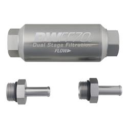 Compact in-line fuel filter element and housing kit, stainless steel 10 micron, 3/8in hose barb, 70mm. Universal