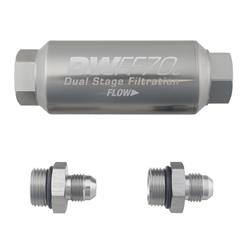 Compact in-line fuel filter element and housing kit, stainless steel 10 micron, -6AN, 70mm. Universal