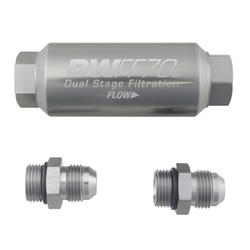 Compact in-line fuel filter element and housing kit, stainless steel 10 micron, -8AN, 70mm. Universal