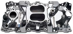 Intake Manifold, Performer, Dual Plane, Aluminum, Polished, Square/Spread Bore Flange, Chevy, Small Block, Each