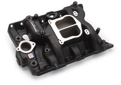 Intake Manifold, Performer, Dual Plane, Aluminum, Black Powdercoated, Spread Bore, Pontiac, Each