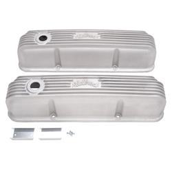 Valve Covers, Classic, Tall, Cast Aluminum, Natural, Ribbed Top with Edelbrock Logo, Ford, Big Block FE, Pair