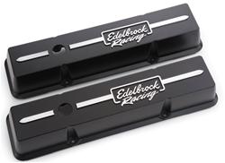 Valve Covers, Die-Cast Aluminum, Low-profile, Black Powdercoat, Edelbrock Racing Logo, Chevy, Small Block, Pair