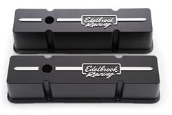 Valve Covers, Die-Cast Aluminum, Tall, Black Powdercoated, Edelbrock Racing Logo, Chevy, Small Block, Pair