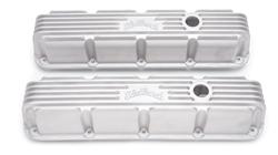 Valve Covers, Classic, Cast Aluminum, Natural, Ribbed with Edelbrock Logo Top, Dodge, Small Block Magnum, Pair