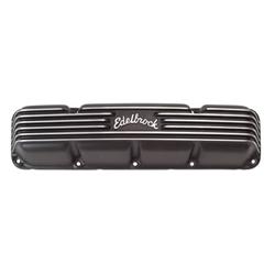 Valve Covers, Classic Series, Stock, Cast Aluminum, Black Powdercoated, Finned, Edelbrock Logo, AMC, Pair