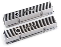 Valve Covers, Elite II Series, Low-profile, Cast Aluminum, Polished, Edelbrock Logo, Chevy, Small Block, Pair