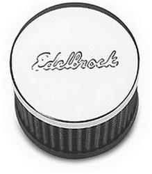 Valve Cover Breather, Push-In, Round, Steel/Rubber, Chrome/Black, Edelbrock Logo, Each
