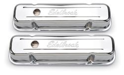 Valve Covers, Signature Series, Tall, Perimeter Bolt Mount, Steel, Chrome, Edelbrock Logo, Pontiac, V8, Pair