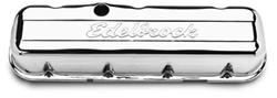 Valve Covers, Signature Series, Stock Height, Steel, Chrome, Edelbrock Logo, Chevy, Big Block, Pair