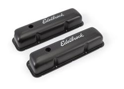 Valve Covers, Signature Series, Stock Height, Steel, Black Powdercoat, Edelbrock Logo, Ford FE Big Block, Pair