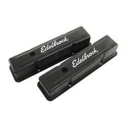 Valve Covers, Signature Series, Tall, Steel, Black Powdercoated, Edelbrock Logo, Chevy, Small Block, Pair