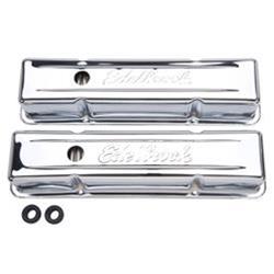 Valve Covers, Signature Series, Tall, Steel, Chrome, Edelbrock Logo, Chevy, Small Block, Pair