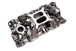 Intake Manifold, Performer RPM Air Gap, Dual Plane, Aluminum, Black Plasma Coated, Chevy, Big Block, Oval Port, Std. Deck