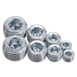 Fittings, Pipe Plug Kit, Internal Allen Head, 1/8", 1/4" 3/8", 1/2", NPT, Steel, Zinc Plated, Set of 8