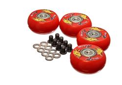 Creeper Wheels, Polyurethane, Red, 2.000 in. Diameter, ABEC Bearings, Includes Mounting Hardware, Set of 4