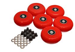 Creeper Wheels, Polyurethane, Red, 2.375 in. Diameter, ABEC Bearings, Includes Mounting Hardware, Set of 6