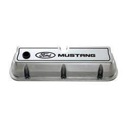 Valve Covers, Tall, Cast Aluminum, Polished, 3.750 in. Tall, Ford Mustang Logo, Ford Small Block, Pair