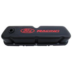 Valve Covers, Tall, Stamped Steel, Black with Red Emblems, Ford Racing Logo, Ford Small Block, Pair