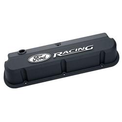 Valve Covers, Tall, Slant Edge Design, Cast Aluminum, Black Satin, Ford Racing Logo, Ford, Small Block, Pair