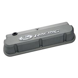 Valve Covers, Tall, Slant Edge Design, Cast Aluminum, Gray Crinkle, Ford Racing Logo, Ford, Small Block Windsor, Pair