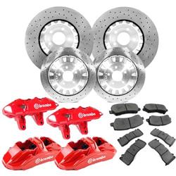 Disc Brakes, Upgrade, Front and Rear, Cross-Drilled Surface Rotors, Red Powdercoated Calipers, Ford, Kit