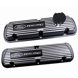 Valve Covers, Stock Height, Cast Aluminum, Satin Black, Ribbed, Ford Racing Logo, Ford, Small Block, Pair