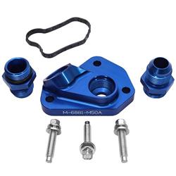 Oil Filter Adapter, Remote, Billet Aluminum, Blue Anodized, -12 AN O-ring Inlet/Outlet Size, Ford, Each