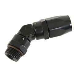 Fitting, Hose End, Reusable Swivel, 45 degree, -8 AN Hose To Male -8 AN O-ring, Aluminum, Black Anodized, Each